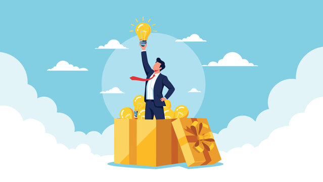 Innovative businessman emerging from gift box holding glowing light bulb symbol for creative thinking and new idea concept.