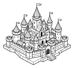 Fototapeta premium Line art illustration of a castle depicting a majestic fantasy fortress for fairytale stories and fantasy games