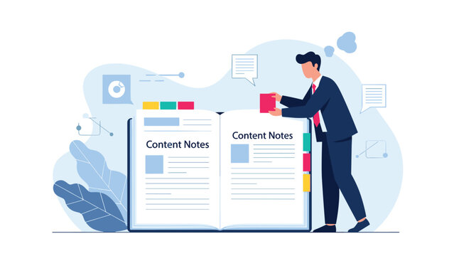 Knowledgeable businessman studying large open content notes book with bookmark tabs for education and research.