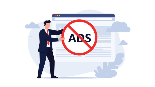 Determined man holds a large ad-blocking symbol in front of a digital interface to represent user privacy and rejection of marketing.