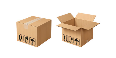 Fototapeta premium Cardboard boxes, one closed and sealed, the other open for shipping and logistics themes