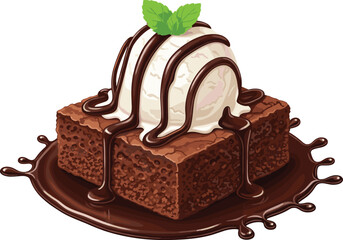 Chocolate brownie dessert topped with vanilla ice cream mint leaf and rich chocolate sauce representing gourmet sweet treat indulgence flat vector illustration © Sanjida