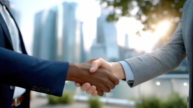 Handshake Deal: Two business associates seal a significant deal with a firm handshake, symbolizing a commitment to collaboration and mutual success, against a modern cityscape backdrop.