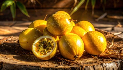 A cluster of bright yellow passionfruit, one halved, displayed on a rustic wooden surface, showcasing vibrant tropical freshness.