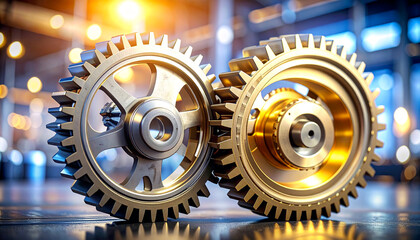 Two gleaming golden gears interlocked, symbolizing precision, connection, and the intricate mechanics of industry. Perfect for concepts of teamwork, engineering, innovation, and technological synergy.