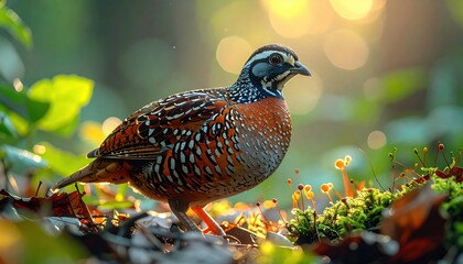 A delicate patterned quail bird stands amidst a sunlit forest floor with vibrant bokeh lights