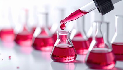 A laboratory dropper dispenses red liquid into a flask, showcasing scientific experimentation and research in a chemistry setting.