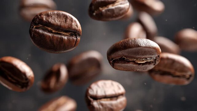 Coffee beans fall in a dark space with particles floating around during a simple coffee preparation process