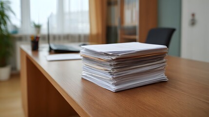 A prominent stack of papers and documents is piled on a polished wooden desk beside an open laptop in a modern office