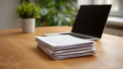 Fototapeta premium A stack of white papers rests on a wooden desk next to a modern laptop with a potted green plant in the blurred background