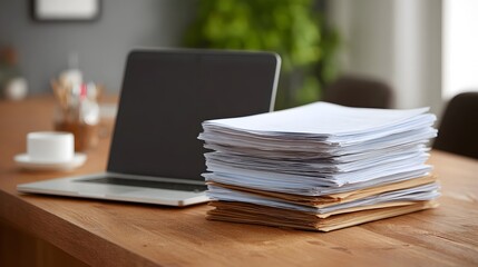 Fototapeta premium A modern office desk features a laptop computer next to a tall stack of documents and a coffee cup