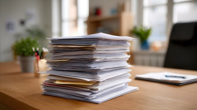 A large towering stack of documents papers and files sits on a wooden office desk symbolizing workload administ n and tasks