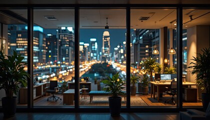 A contemporary office at night. Outside big windows, a blurry picture of city lights. interior with furniture and plants. abstract style. metropolitan atmosphere at night. combining indoor and outdoor