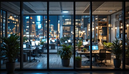 A contemporary office at night. Outside big windows, a blurry picture of city lights. interior with furniture and plants. abstract style. metropolitan atmosphere at night. combining indoor and outdoor