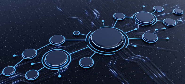 Futuristic blue circuit board background with glowing connection nodes and data flow lines concept- 3D rendering