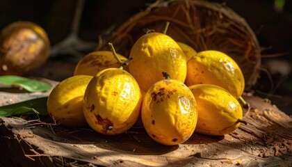 Cluster of bright yellow passion fruits ripe and ready for consumption, showcasing vibrant tropical flavor.