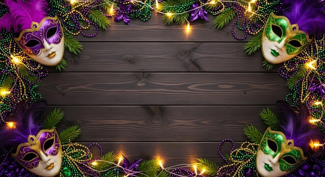 Mardi gras mask and light border on wooden background