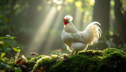 Elegant Silkie Rooster standing proudly on mossy ground bathed in mystical forest sunlight