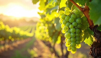 Emerald green grapes ripening on the vine in a sun-drenched vineyard landscape during golden hour