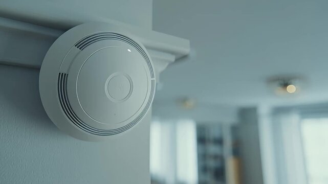 A smoke detector is mounted on a white wall in a modern indoor setting with a blurred background of windows and lights.