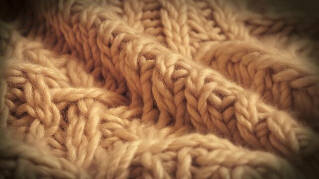 Close-up of beige knitted fabric texture with intricate patterns.