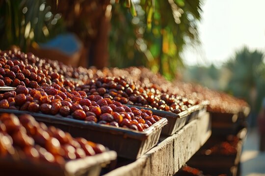Ripe Dates Drying in Sunlight on Wooden Trays