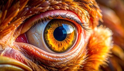 Extreme Macro View of a Chicken's Vibrant Amber Eye and Feathered Surroundings