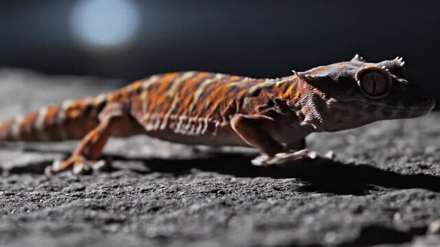 Vibrant orange gecko crawling on rocky surface in sunlight