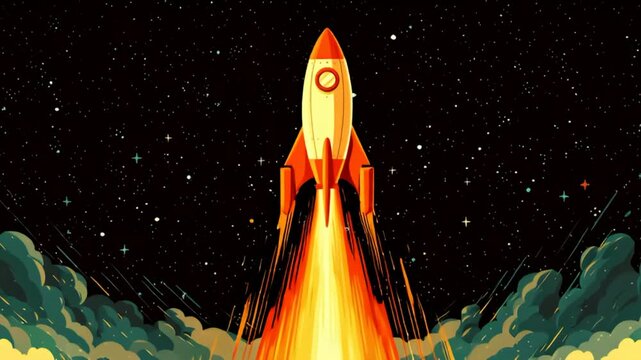 A rocket launches into the night sky with flames and smoke, surrounded by stars and clouds, viewed from the ground up.