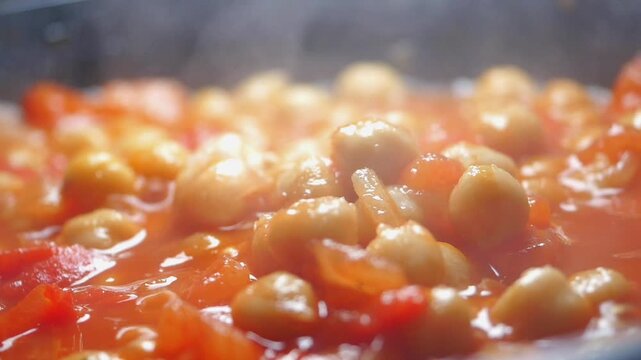 Cooking chickpeas with tomatoes in a kitchen pot