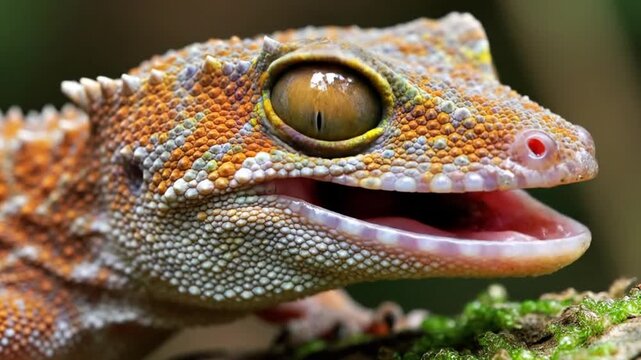 Close-up of colorful gecko's face with vibrant orange and white scales