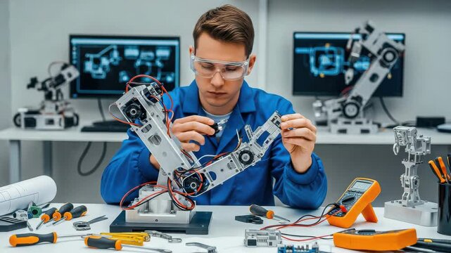 Man in blue shirt working on robotic arm in workshop with tools and monitors