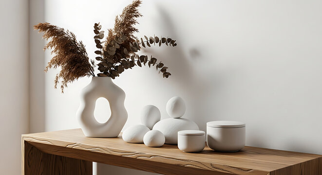 Modern Home Decor with Dried Pampas Grass and Ceramic Vases.