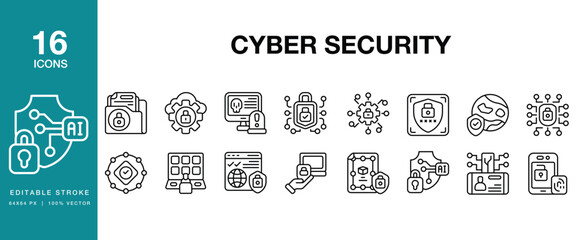 Cyber Security Data Protection icon set. Includes cyber, security, data, protection, privacy, encryption and More. Editable Stroke Icon Collection.