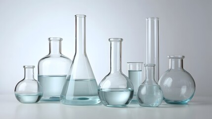 Assortment of laboratory glassware filled with clear liquid arranged on a white surface