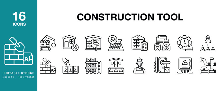 Construction Tool icon set. Includes construction, tool, hammer, drill, saw, wrench, pliers and More. Editable Stroke Icon Collection.