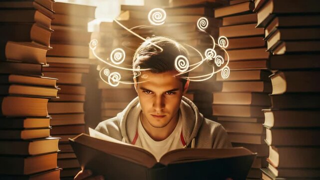 Young man reading book surrounded by stacks of books with thought bubbles