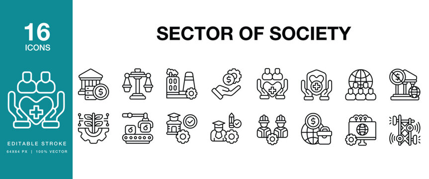 Sector Of Society icon set. Includes sector, society, community, public, private, social and More. Editable Stroke Icon Collection.