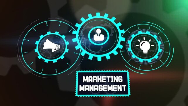Marketing management strategy for professional business leadership and corporate growth featuring rotating gear wheel mechanisms