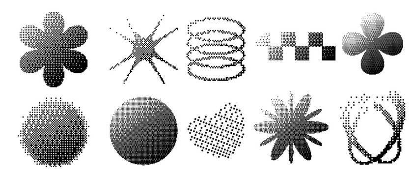 Set of trendy Y2K dithered pixel elements. Abstract bitmap shapes including heart, star, and geometric icons. Retro halftone effect for cyberpunk and techno designs. Creative monochrome vector.