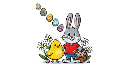Obraz premium Easter bunny and chick celebrating springtime with eggs and flowers