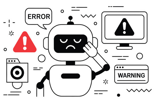 line art vector illustration of confused AI robot assistant with system error warning signs glitches and critical malfunction concept.