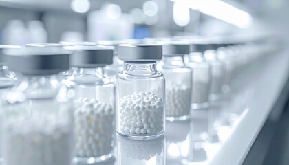 Transparent glass vials filled with white pellets arranged in a pharmaceutical manufacturing line