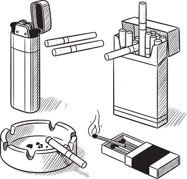 Smoking Essentials: Lighter, Cigarettes, Ashtray, Matches Illustration