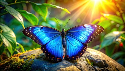 Vibrant Blue Morpho Butterfly Resting on Mossy Rock with Sunlight Filtering Through Lush Greenery