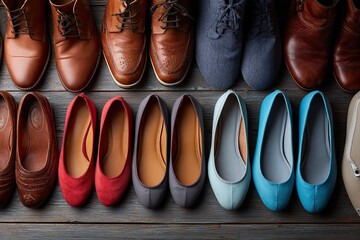Assortment of leather dress shoes & colorful flats arranged on wooden surface