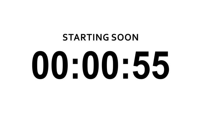 Starting soon digital countdown clock timer in 1 minute to zero second. Black text number on isolated white background. Element for overlay concept. 4K footage motion video.