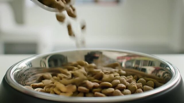 Hand pouring dog food into bowl.