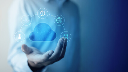 Cloud computing and network security concept showing digital infrastructure, data storage, and...