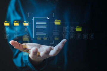 Data download and export concept showing personal document archive and file management. User...